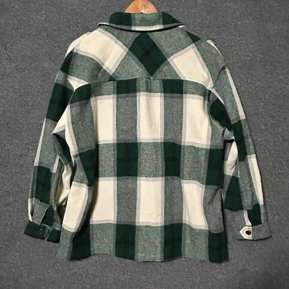 HFX Plaid Shacket Oversized Button Up Flannel Shirt Jacket Green Cream M - Picture 4 of 9